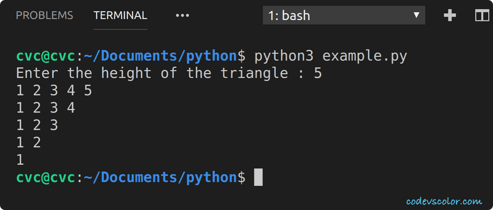 Print reverse right angle triangle in python