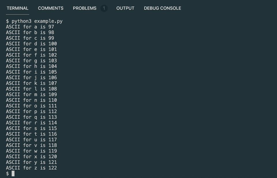 Python print lowercase ascii example