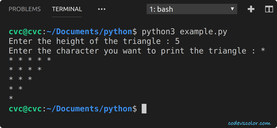 Print reverse right angle triangle in python